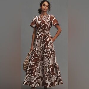 Anthropologie Brown and White Tropical Print Maxi Dress